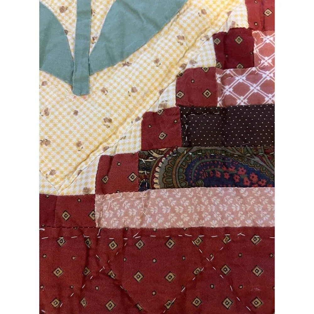 Pristine Vtg 1970s Handmade Tulip Log Cabin Quilt Hand Tied Full/Queen 80x80